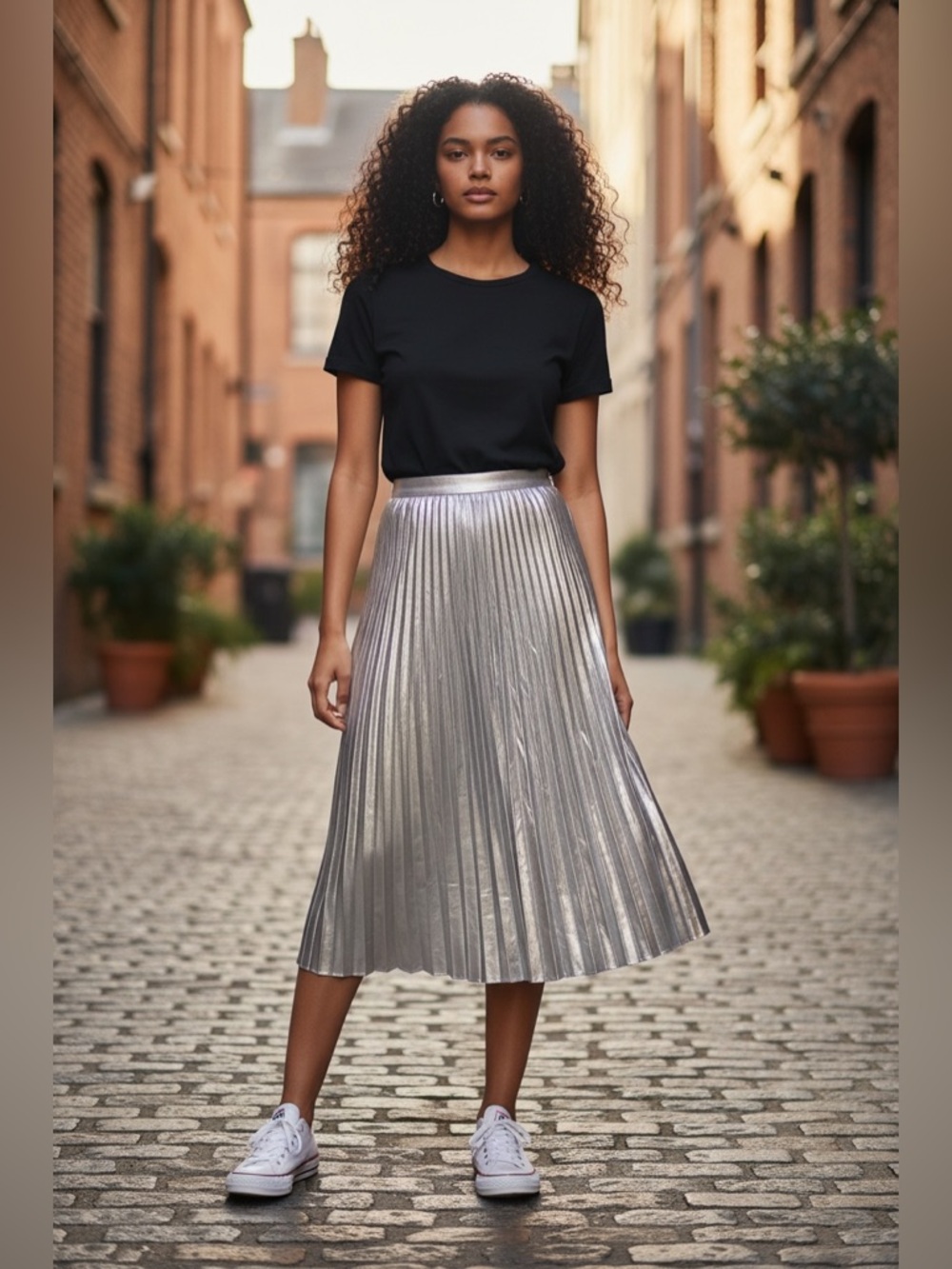 Ann Taylor Metallic Silver Pleated Midi Skirt